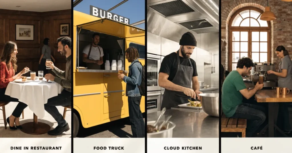 Restaurant License UAE – different restaurant business models including dine-in, food truck, and cloud kitchen