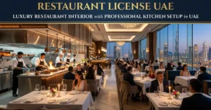 Restaurant License UAE – luxury restaurant interior with professional kitchen setup in UAE