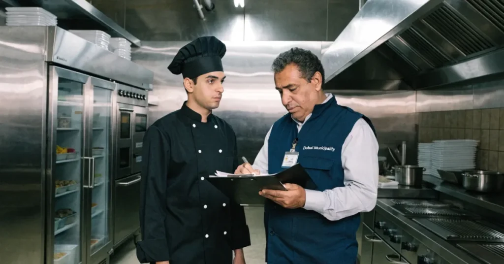 Restaurant in Dubai kitchen inspection showing Dubai Municipality food safety compliance and professional hygiene standards 2026
