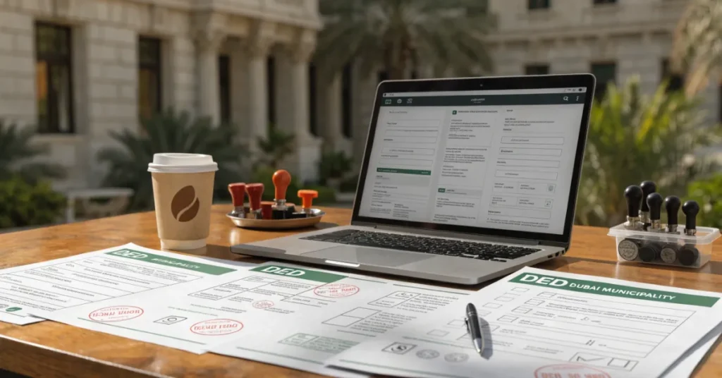 Restaurant in Dubai licensing process showing Dubai Municipality approvals, DED documents, and business compliance workflow 2026