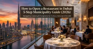 Luxury Dubai skyline blended with fine dining interior representing Restaurant in Dubai business setup and licensing process 2026