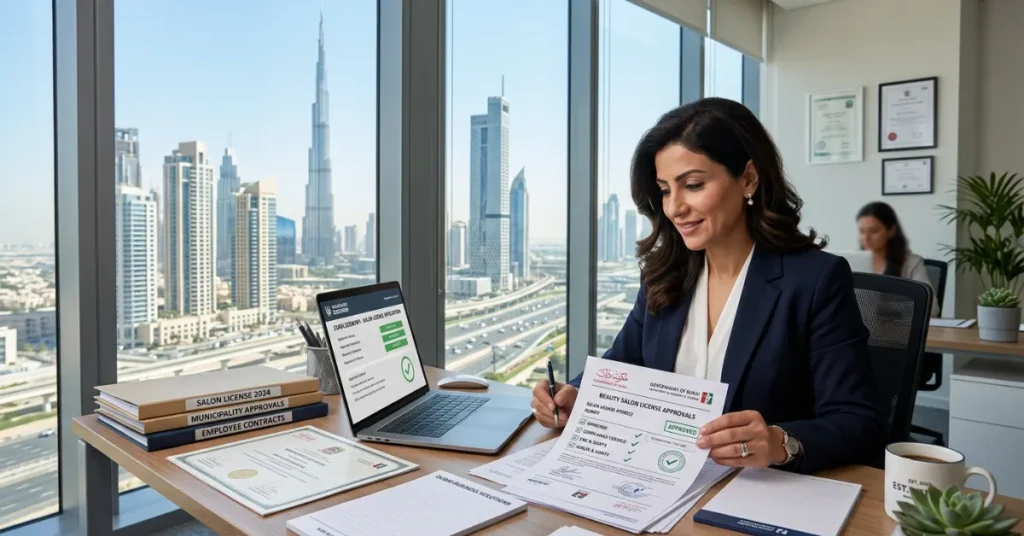 Salon in Dubai licensing process with entrepreneur reviewing legal documents and approvals in office