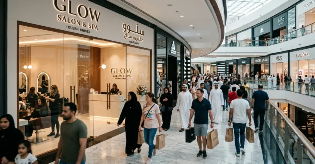 Salon in Dubai location in high foot traffic area showing ideal placement for beauty business success