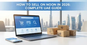 Sell on noon UAE e-commerce marketplace concept with online shopping and digital business growth
