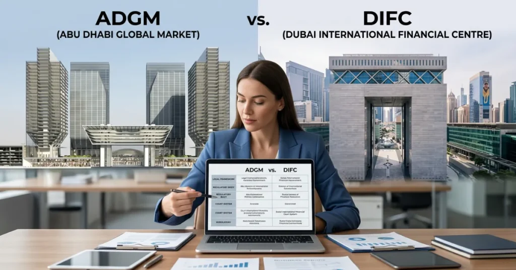 Comparison guide to Set Up a UAE Foundation in ADGM vs DIFC with professional financial advisory workspace