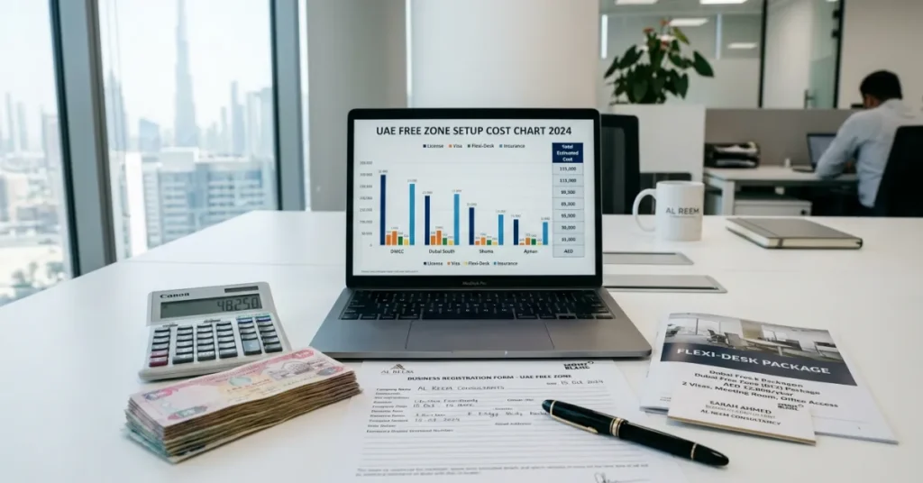 Shams Free Zone setup cost image showing license fees and business registration expense breakdown