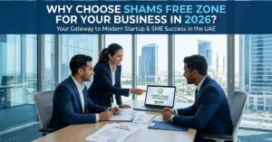 Shams Free Zone 2026 cover image showing modern Sharjah business setup and corporate office environment