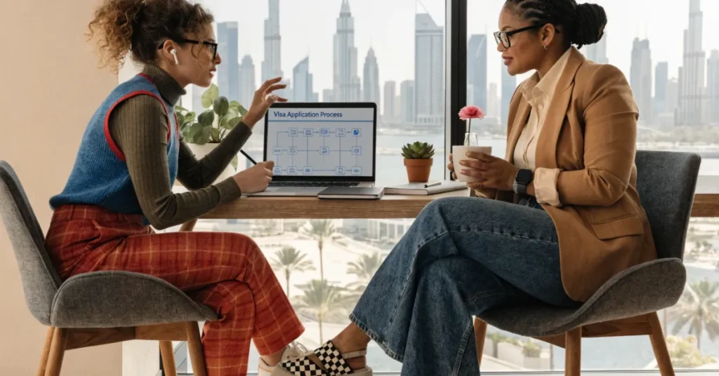 Spouse Visa in UAE application process with consultant guiding step by step in office setting