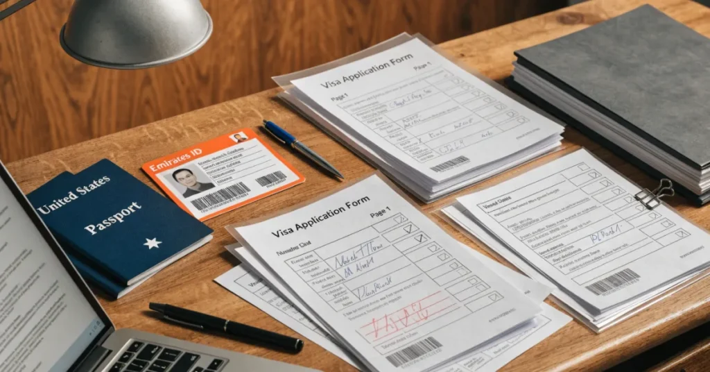 Spouse Visa in UAE document checklist with passport and application papers ready for submission
