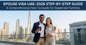 Spouse Visa in UAE process showing expatriate couple starting residency journey in Dubai