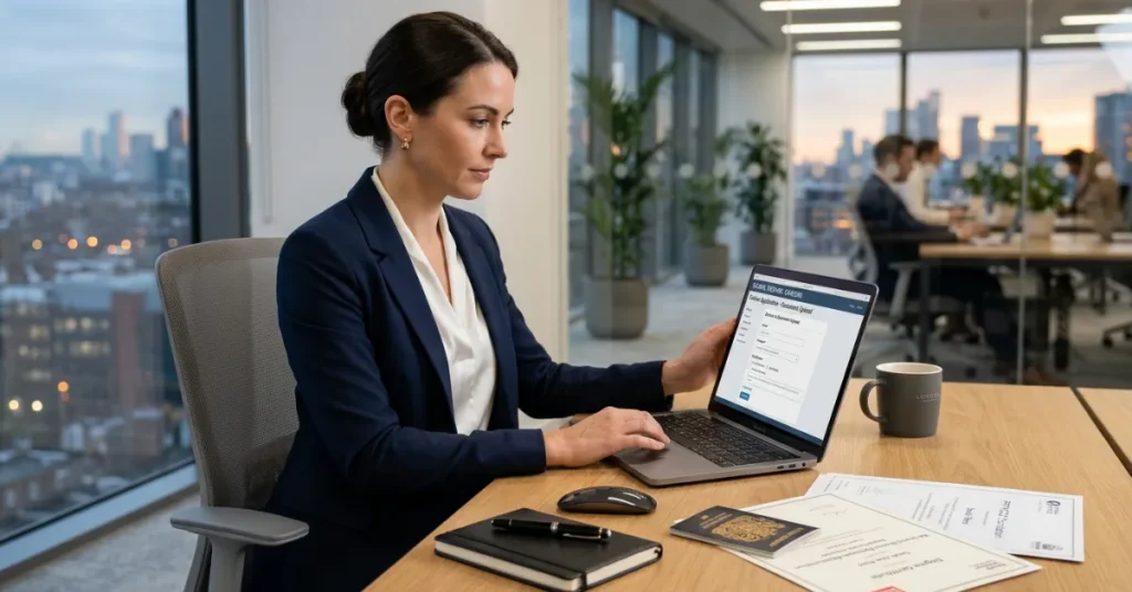 Teaching License in Dubai online application process with documents and laptop setup