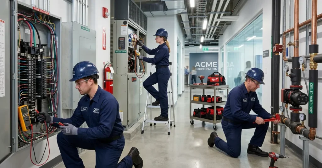 Technical Services Company professionals providing electrical, plumbing, and HVAC maintenance services in a commercial building
