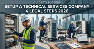 Professional Technical Services Company setup cover image showing legal registration, skilled technicians, and business licensing process in 2026