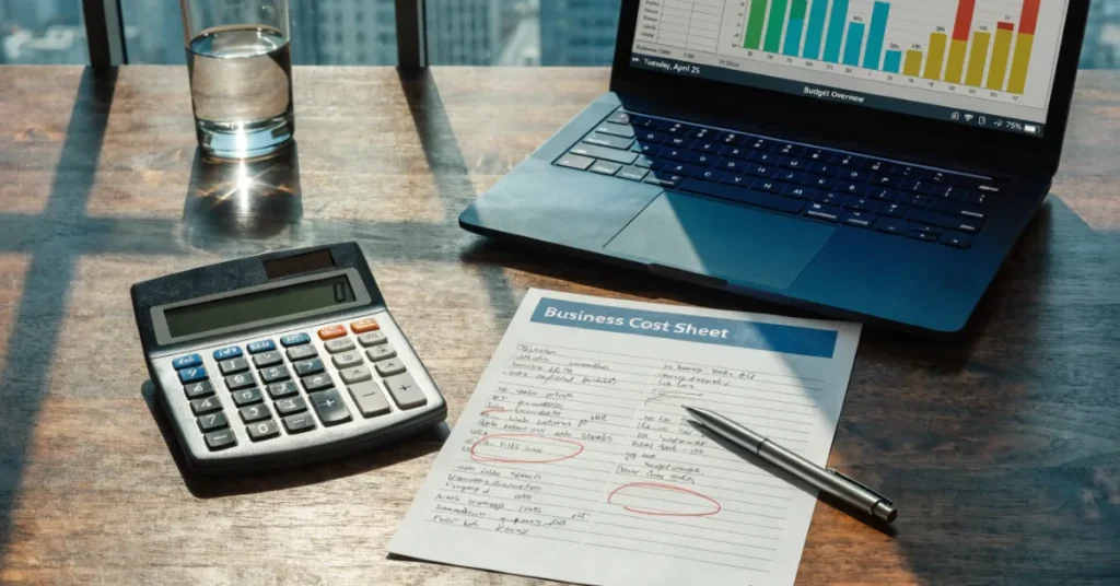 Technical Services License cost in Dubai with budgeting and financial planning documents on desk