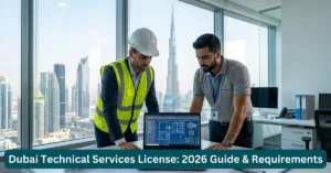 Technical Services License in Dubai concept showing professionals planning engineering and IT services business