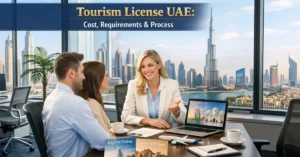 Tourism License UAE – travel consultant planning tour packages with clients in a modern UAE office