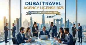 Travel Agency License in Dubai with skyline and tourism business concept