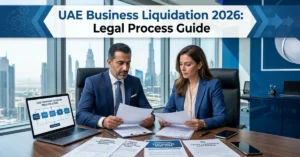 UAE Business Liquidation – professional business consultant handling company closure documents and legal process in Dubai office