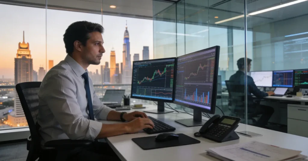 UAE Finance License concept showing financial services, data analysis, and regulated corporate environment in Dubai