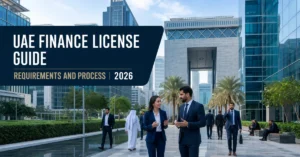UAE Finance License concept showcased through Dubai financial district and corporate business environment