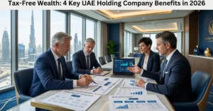 UAE Holding Company cover image showing wealth planning and corporate investment meeting in Dubai