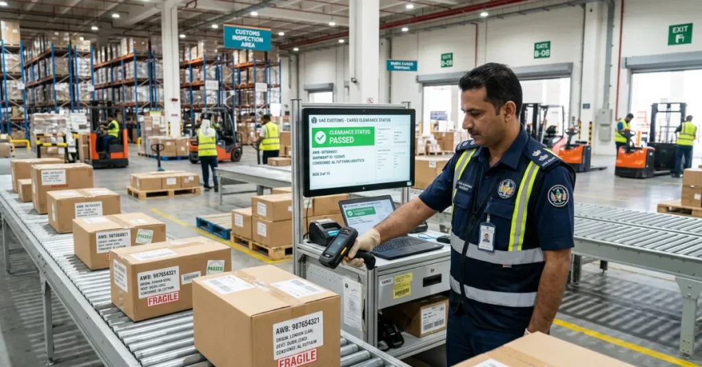 UAE Import Export customs clearance process with cargo inspection and digital verification