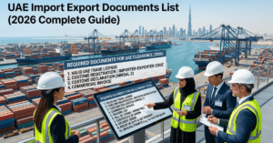 UAE Import Export logistics hub with shipping containers and documentation process in Dubai