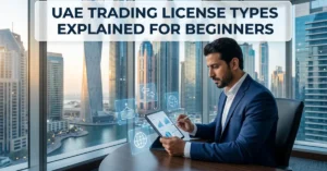 UAE Trading License guide concept showing Dubai skyline and entrepreneur planning business setup