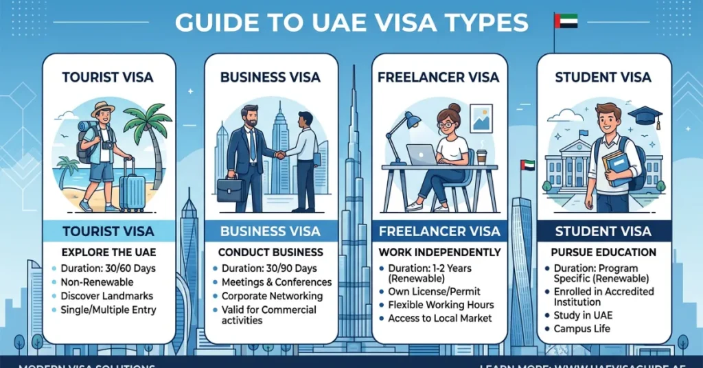 Types of UAE Visas in 2026 including tourist employment golden and freelance visa options