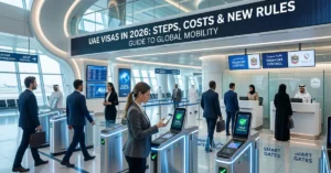 UAE Visas in 2026 digital immigration process at Dubai airport with smart e-gates and travelers