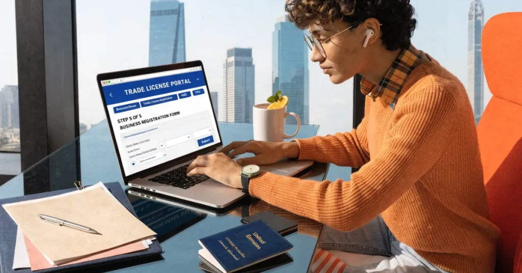 Virtual Company License registration process image showing online application and Dubai business documents