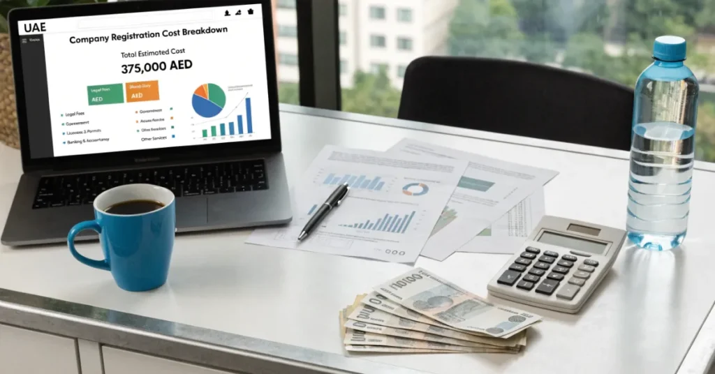 Virtual Company License cost breakdown image with Dubai business setup fees and financial documents