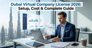 Virtual Company License Dubai cover image showing remote entrepreneur workspace with digital business setup in Dubai