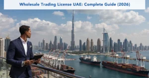 Wholesale Trading License UAE showing global trade logistics, cargo port operations, and business expansion in UAE