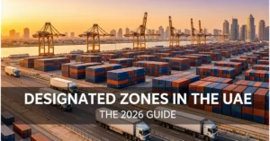 Designated zones in the UAE showcasing Dubai logistics hub with port operations and cargo movement