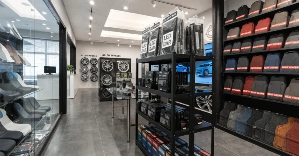 Auto Accessories Trading License UAE retail showroom with premium car accessories display