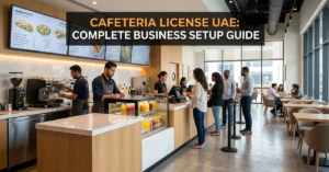 Cafeteria License UAE modern cafeteria setup with food counter and customers ordering in UAE