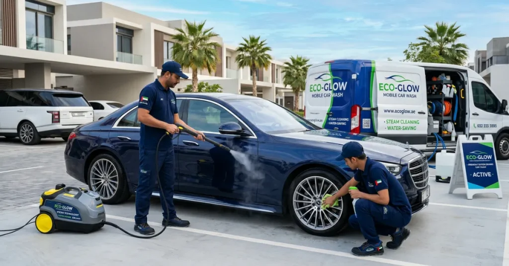 Mobile eco-friendly Car Wash License UAE business service with professional vehicle detailing
