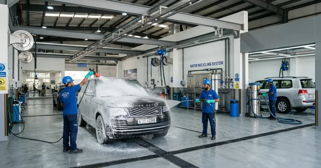 Advanced equipment setup for Car Wash License UAE with eco-friendly commercial washing systems