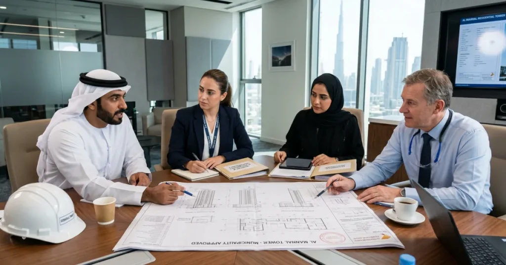 Contracting License UAE process involving municipality approvals and engineering compliance requirements