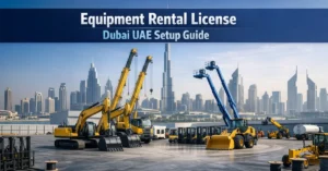 Equipment Rental License Dubai UAE featured image showing heavy machinery rental business setup in Dubai