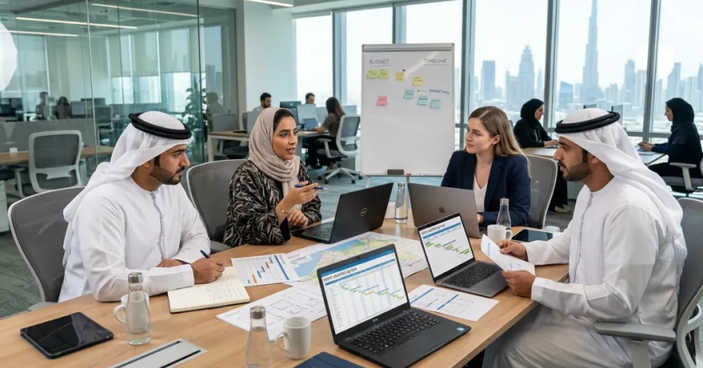 Event Company Setup UAE business planning process corporate team discussing Event Company Setup steps