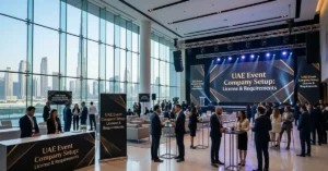 Event Company Setup UAE corporate event conference setup Dubai skyline professional Event Company Setup