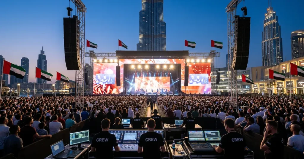 Event Management License UAE live event production with stage setup and audience engagement