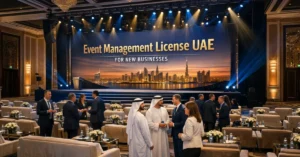 Event Management License UAE luxury corporate event setup with conference stage and business networking