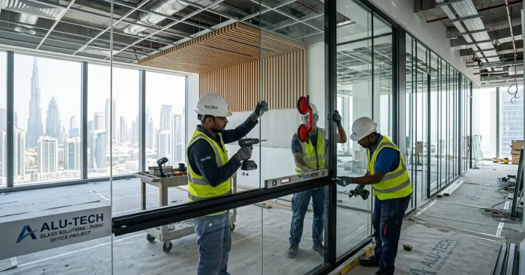 Glass & Aluminum License UAE for commercial glass installation and office partition services in UAE