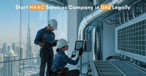HVAC Services Company in UAE technicians managing commercial cooling systems in Dubai high-rise building