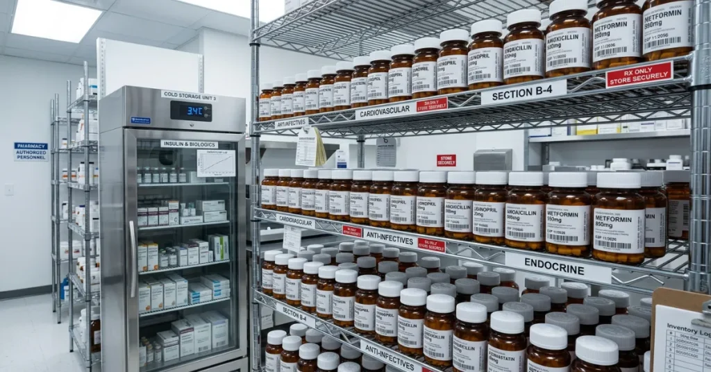 Pharmacy License UAE compliance showing regulated medicine storage and safety standards
