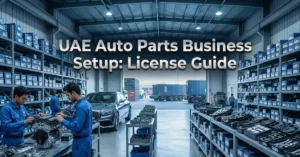 UAE Auto Parts Business featured banner showing automotive spare parts warehouse and trading setup in Dubai