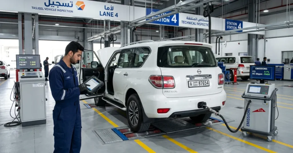 Vehicle Inspection License UAE technical testing process with certified automotive inspection equipment